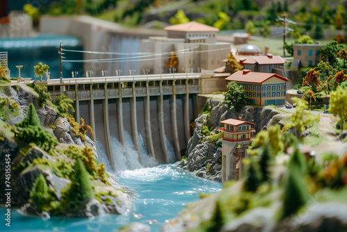 hydroelectric power station, dam on the river, model