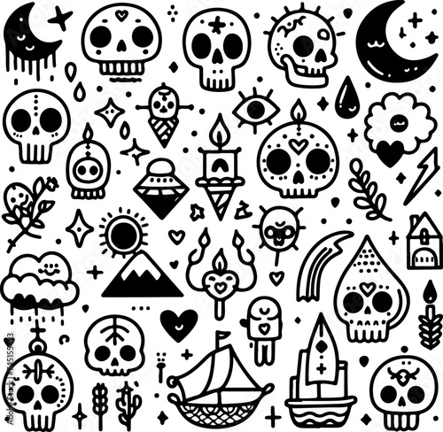 Cute skulls doodle vector black outline illustration.