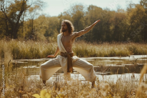 Man doing variation of Warrior Virabhadra Yoga pose photo