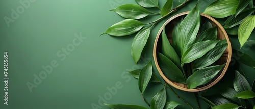 A bowl of bamboo leaves kept on green backdrop with a big empty space for text or product, Generative AI. photo