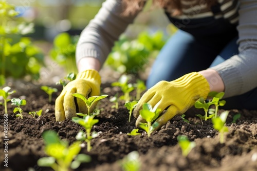 Farmer hands planting soil of tomato seedlings in vegetable garden. Organic farming and spring gardening concept