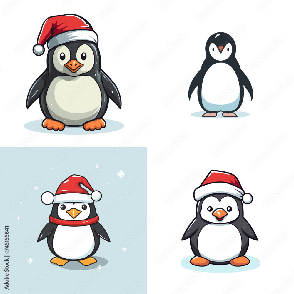 Fototapeta premium Penguin (Penguin Wearing Santa Hat). simple minimalist isolated in white background vector illustration