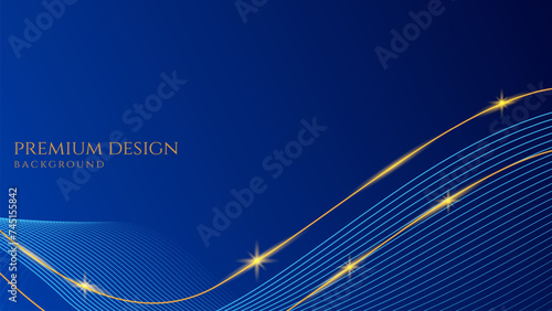 Dark blue luxury premium background with shining gold line waves, suitable for banners, wallpapers, brochures and posters. Vector illustration