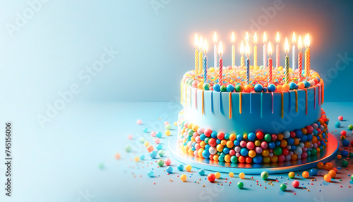 Vibrant birthday cake with dripping blue icing and lit candles on a light background. Celebration concept