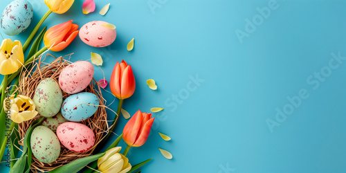 Hand painted easter eggs and tulips laid out on a slightly textured light blue background, right side area left blank for copy space or logo. Cropped for a background or banner image format.