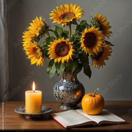 Still Life with Sunflower and candle, orange. oil painting, canvas art, colorful splash. poster. home decor. wall art