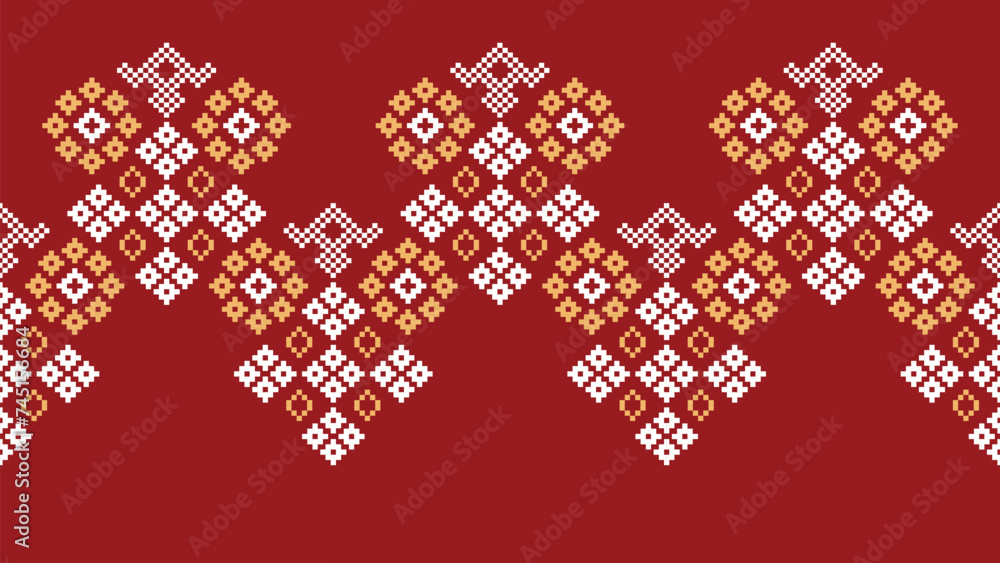 Traditional ethnic motifs ikat geometric fabric pattern cross stitch.Ikat embroidery Ethnic oriental Pixel red background. Abstract,vector,illustration. Texture,christmas,decoration,wallpaper. Traditional ethnic motifs ikat geometric fabric pattern cross stitch.Ikat embroidery Ethnic oriental Pixel red background. Abstract,vector,illustration. Texture,christmas,decoration,wallpaper.