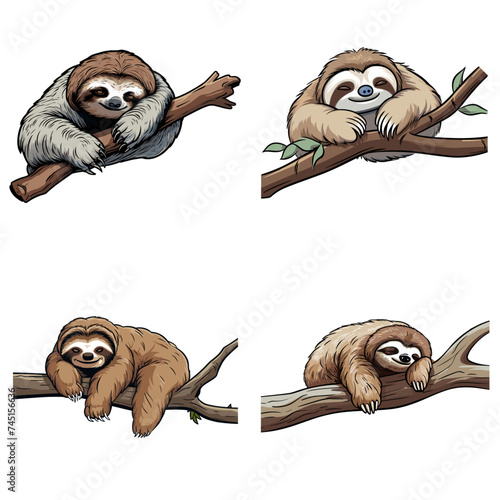 Sloth (Sleeping Sloth on a Branch). simple minimalist isolated in white background vector illustration