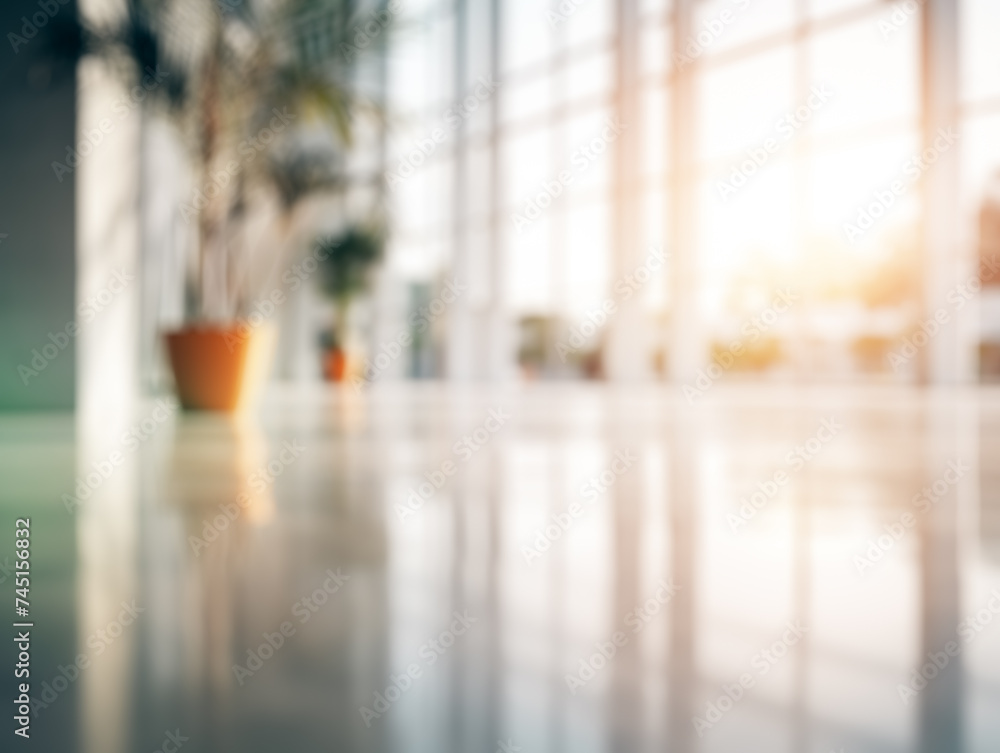 Blurred office lobby with natural light and greenery, evoking a serene corporate environment. Generative AI Blurred office lobby with natural light and greenery, evoking a serene corporate environment. Generative AI