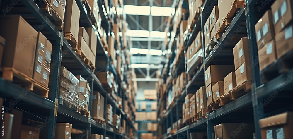 Warehouse or storehouse with rows of boxes on shelves. Industrial and industrial background Warehouse or storehouse with rows of boxes on shelves. Industrial and industrial background