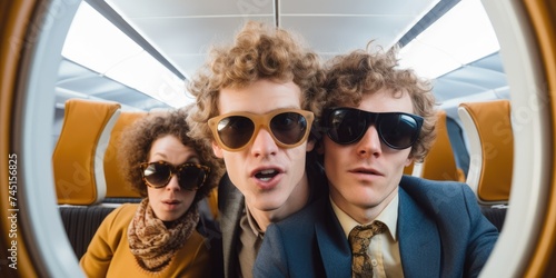 Amidst their summer travels, a cheerful couple immortalizes their happiness with a selfie taken inside the airplane photo