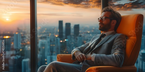 Handsome young businessman sitting in an orange armchair against the background of a panoramic window.