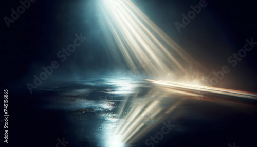 Radiant beams of light piercing through darkness on a wet surface, a metaphor for hope. Generative AI © Who is Danny