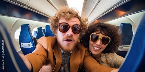 Amidst their summer travels, a cheerful couple immortalizes their happiness with a selfie taken inside the airplane
