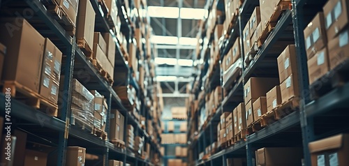 Warehouse or storehouse with rows of boxes on shelves. Industrial and industrial background