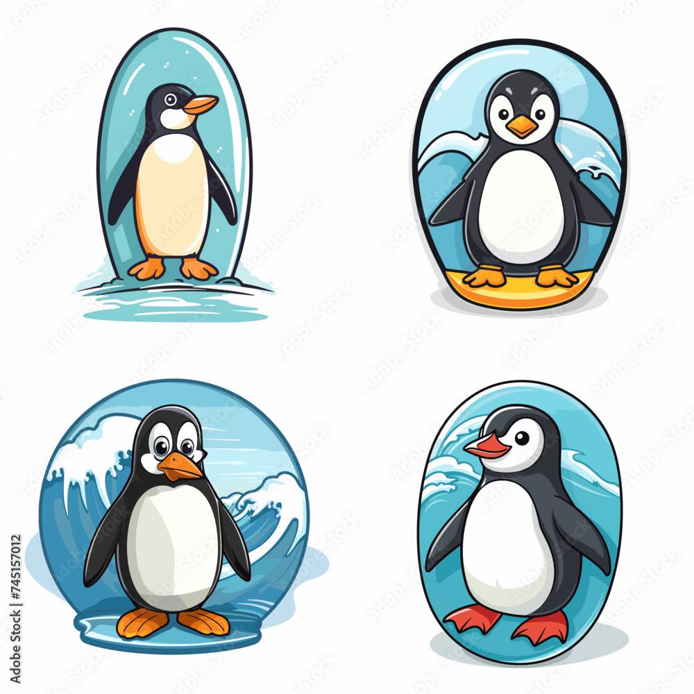 Fototapeta premium Penguin (Penguin with Surfboard). simple minimalist isolated in white background vector illustration