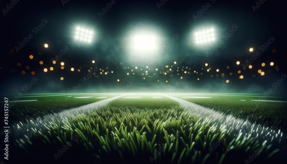 Floodlit football field with a bright center spotlight and bokeh background. Nighttime sports event. Generative AI