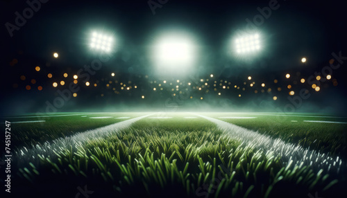 Floodlit football field with a bright center spotlight and bokeh background. Nighttime sports event. Generative AI © Who is Danny