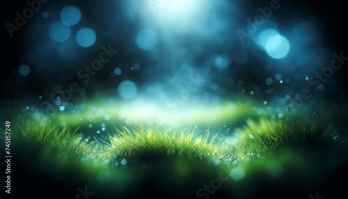 Grass blades with sparkling dew, highlighted by soft night lights, embodying peaceful nature. Generative AI