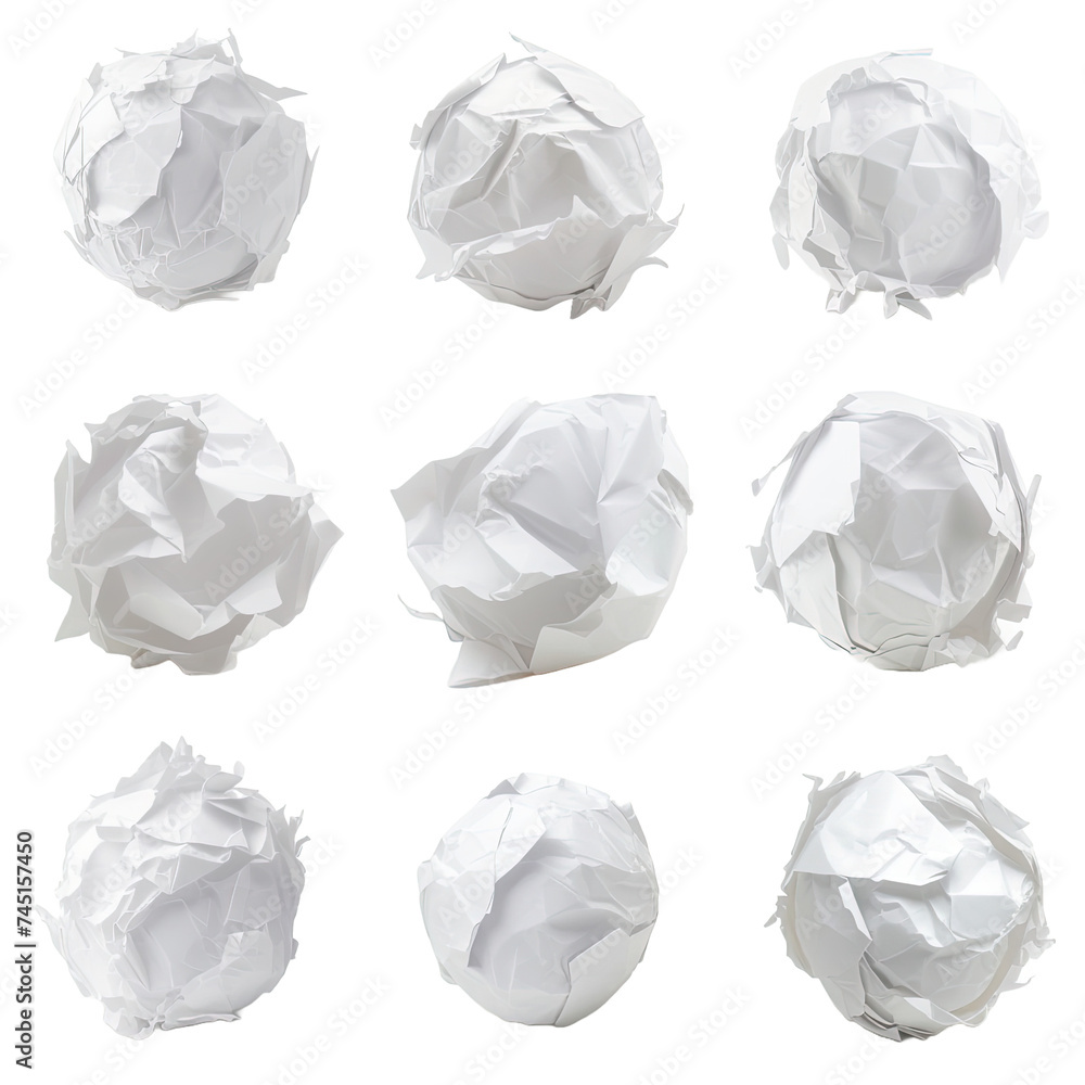 Collection of crumbled paper on white or transparent background Collection of crumbled paper on white or transparent background