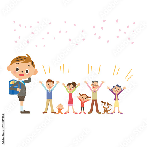小学生の男の子入学式を喜ぶ家族