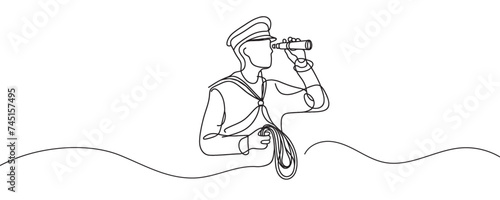 Continuous one line drawing of a sailor in uniform. Vector graphic illustration of a one line drawing of a ship captain.