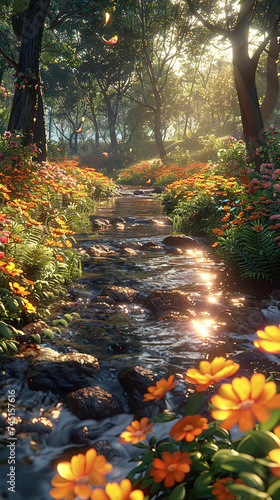  illustration river through a garden with flowers