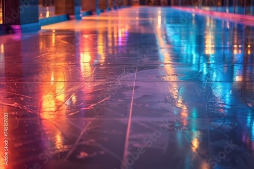 A brightly illuminated  empty ice skating rink displaying. Ai generative