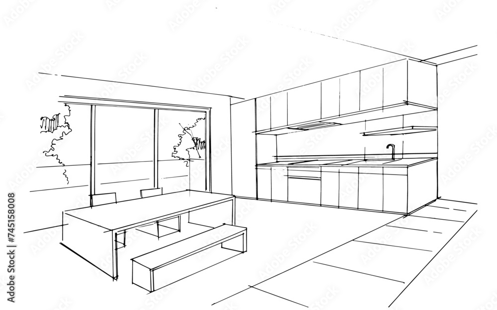 Interior design sketch of the dining area and pantry. , Graphic ...