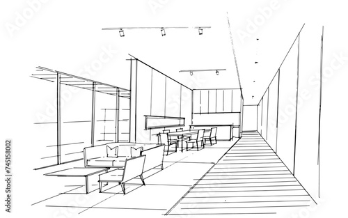 Interior design sketch of a modern home living room. , Graphic assembly in architecture and interior design work. ,Sketch ideas for interior or exterior designs.
