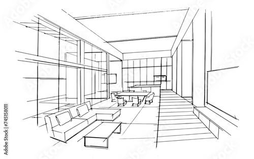Interior design sketch of a modern home living room. , Graphic assembly in architecture and interior design work. ,Sketch ideas for interior or exterior designs.