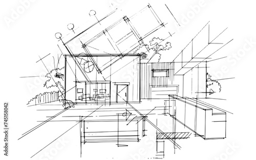 Drawing exterior and interior architectural lines. , Graphic assembly in architecture and interior design work. ,Sketch ideas for interior or exterior designs.