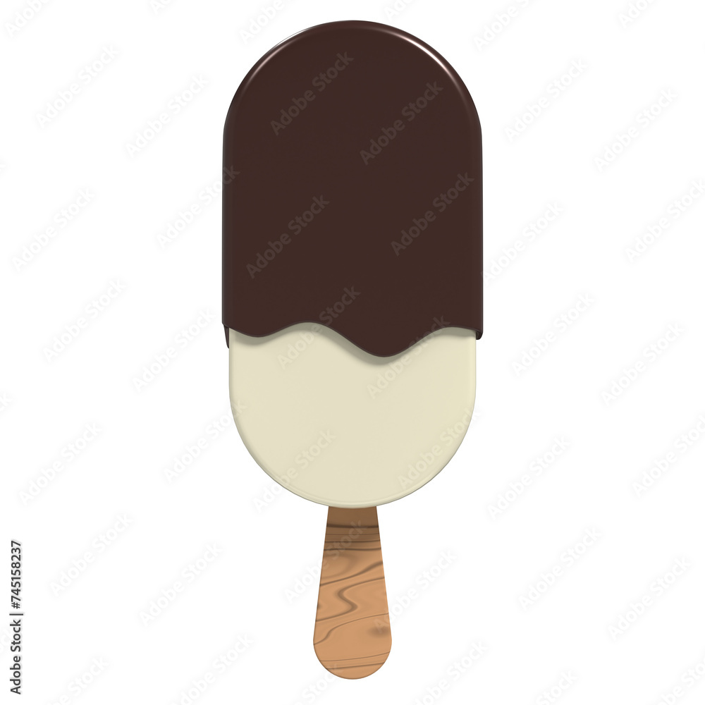 Chocolate ice cream bar. Ice cream dessert with a popsicle stick. Vanilla ice cream with chocolate topping. 3D rendering Chocolate ice cream bar. Ice cream dessert with a popsicle stick. Vanilla ice cream with chocolate topping. 3D rendering