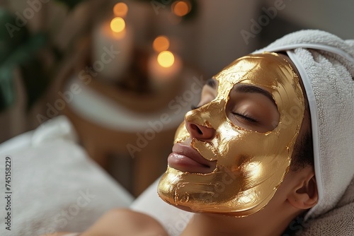 A lady in an upscale spa recuperating with an opulent gold face mask and space, Generative AI. photo