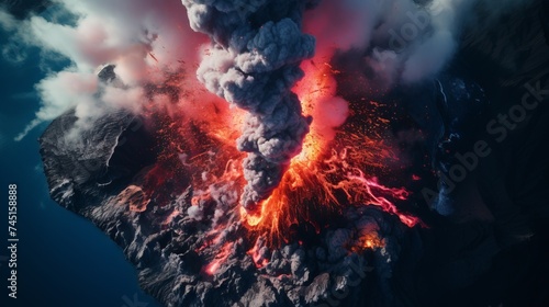 A powerful volcanic eruption, top view 