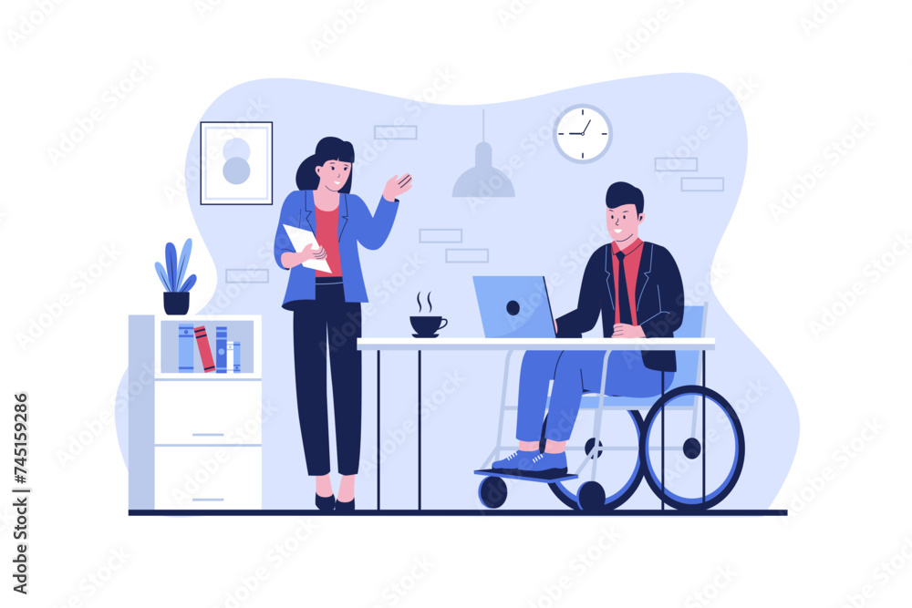 Disabled man working in the office using a wheelchair. Vector data illustration Disabled man working in the office using a wheelchair. Vector data illustration
