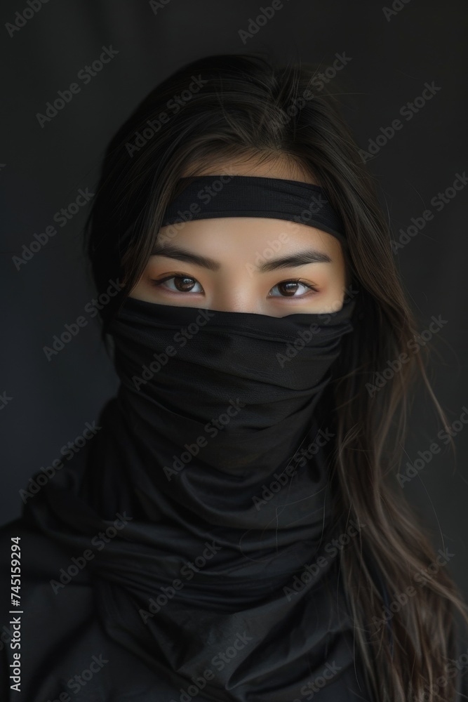 Japanese woman ready for battle in a black ninja hood, capturing the essence of prowess and stealth in the art of combat. Generative AI. Japanese woman ready for battle in a black ninja hood, capturing the essence of prowess and stealth in the art of combat. Generative AI.