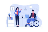 Disabled man working in the office using a wheelchair. Vector data illustration