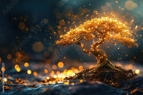 A magnificent bonsai tree bathed in golden lights. Ai generative
