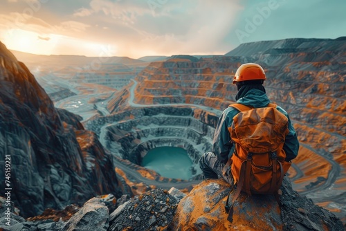 A miner wearing protective gear, surveying an open pit. Ai generative