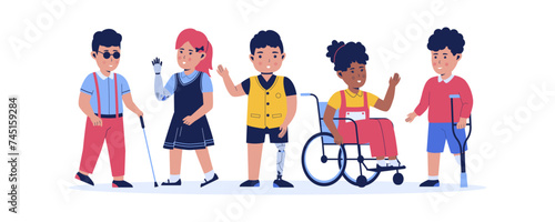 Vector flat collection of disabled children. Vector data illustration