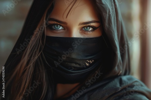 Japanese woman ready for battle in a black ninja hood, capturing the essence of prowess and stealth in the art of combat. Generative AI. photo