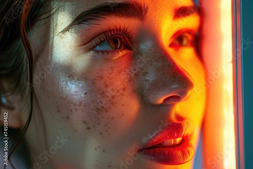 Up close of a woman's face under an LED light source. Ai generative