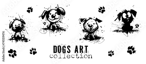 Cute dogs art in different poses. Pets silhouettes, various dogs, shown sitting and lying down. Vector collection of drawn dogs with lots of details and artistic spots.