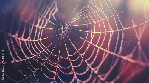A macro photo of a spider web. The spider web should be perfectly symmetrical and have a delicate structure. The threads should be clearly visible and have a shiny texture.