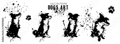 Cute dogs art in different poses. Pets silhouettes, various dogs, shown sitting and lying down. Vector collection of drawn dogs with lots of details and artistic spots.