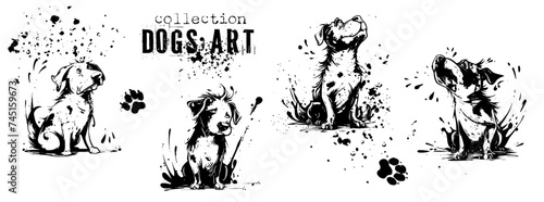 Cute dogs art in different poses. Pets silhouettes, various dogs, shown sitting and lying down. Vector collection of drawn dogs with lots of details and artistic spots.