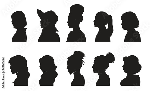 Set of Women silhouette portraits. Female head. For invitation, postcard. Portraits of beautiful girls with a hairstyle.