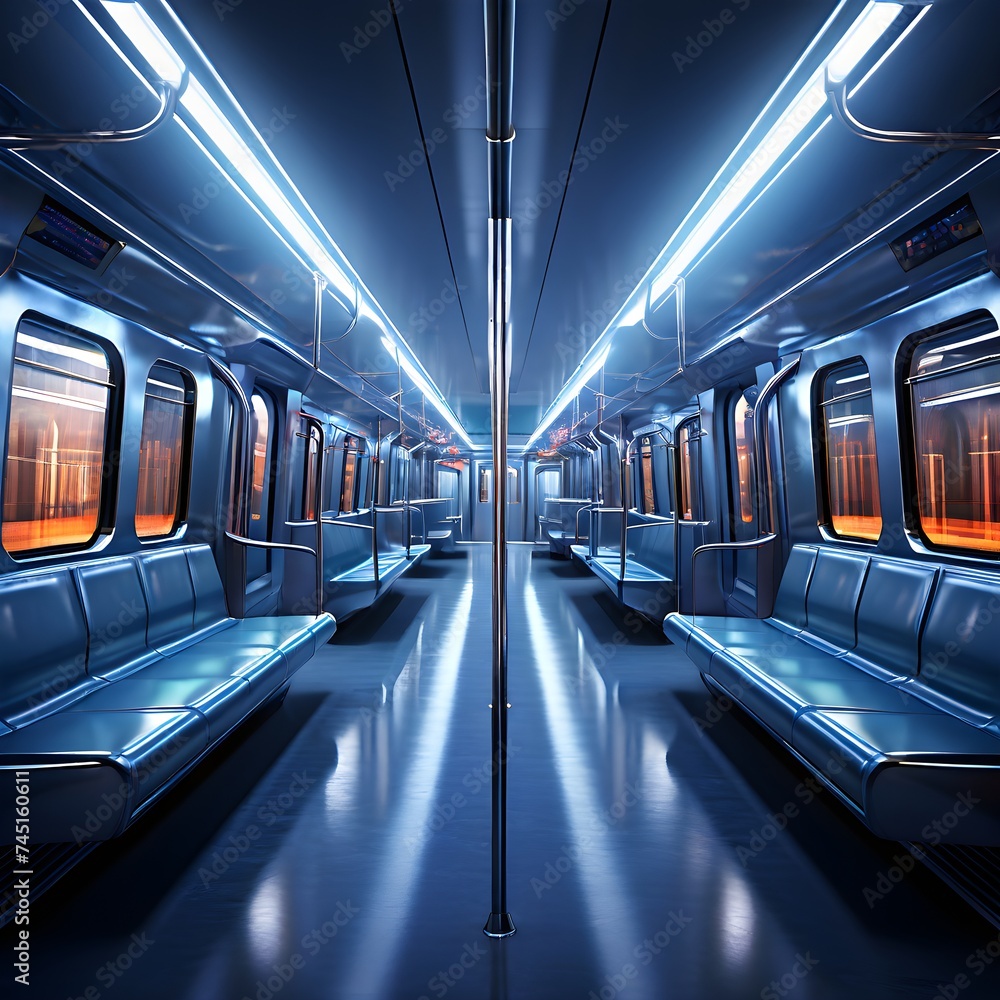 Render of interior of subway train - obrazy, fototapety, plakaty 