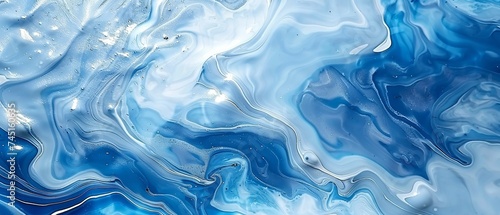 Abstract fluid art backdrop with with light blue and silver glitter with an empty space for product backdrop, Generative AI.